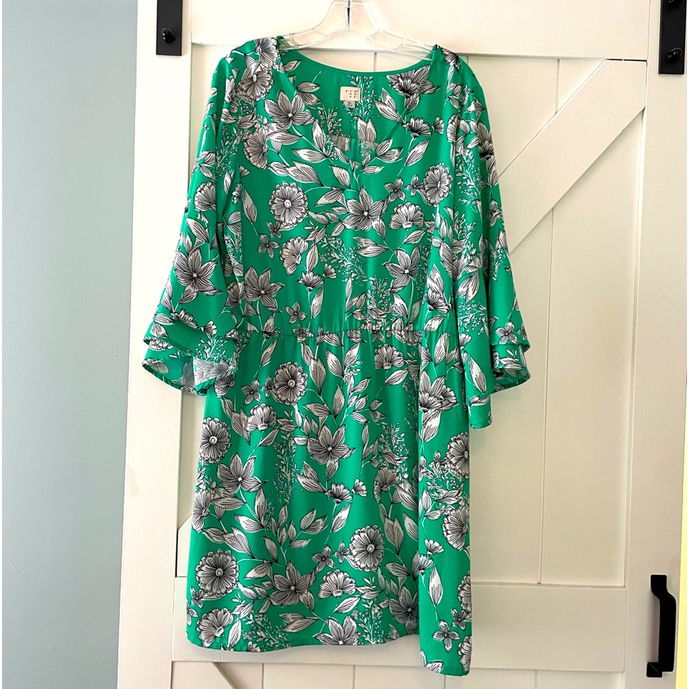 A New Day Kelly Green and Flowered Dress with ruffled 3/4 sleeves